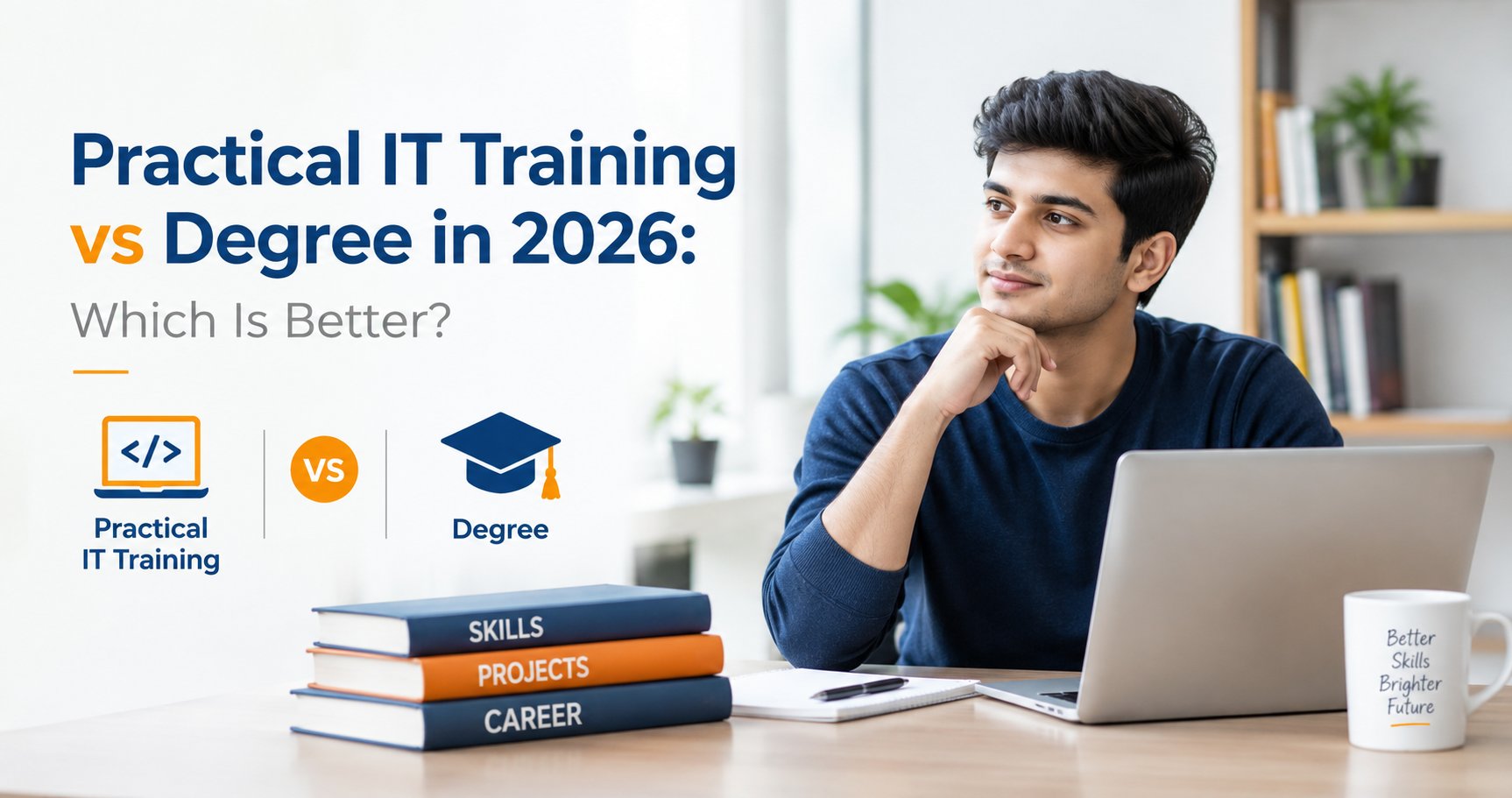 Practical IT training vs degree comparison showing hands-on coding practice and university education.